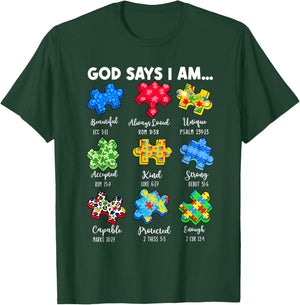 God Says I Am... Autism Awareness Puzzle Jesus Christian T-Shirt - T-Shirt | Forest