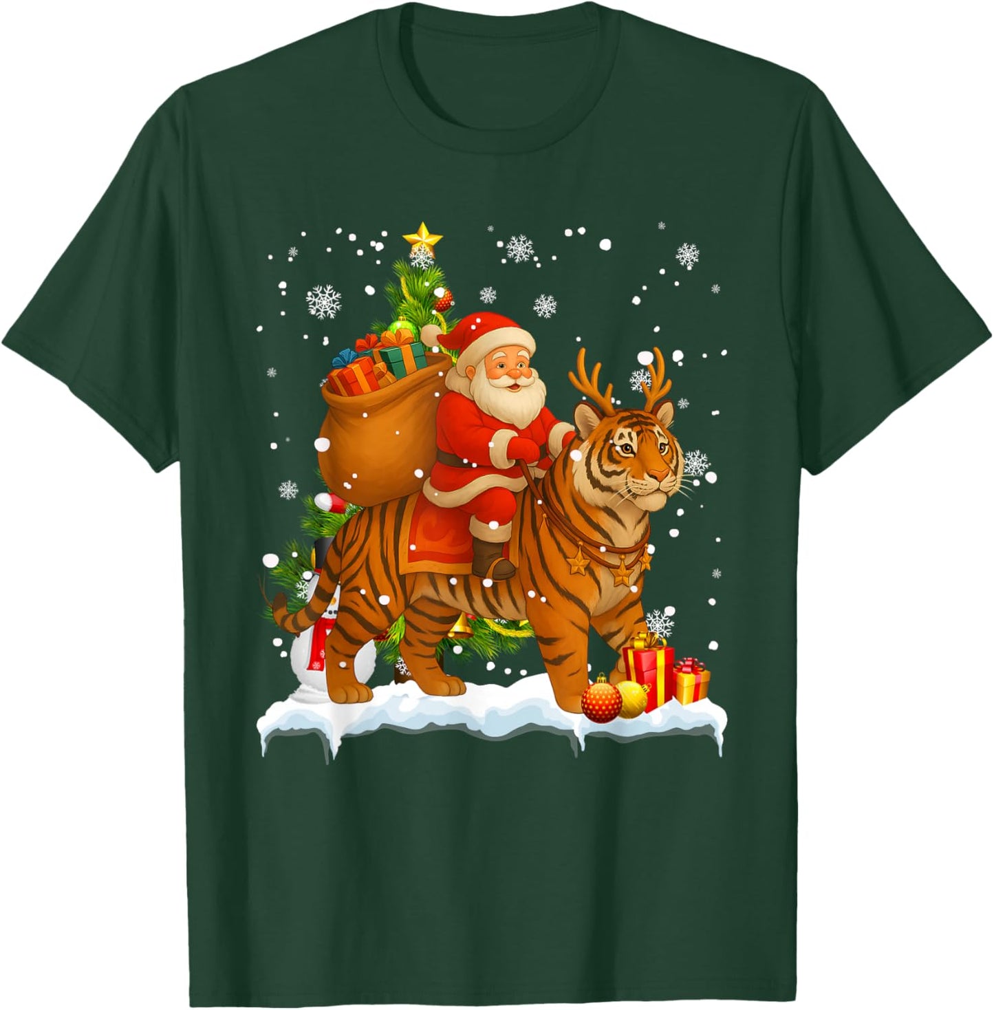 Xmas Decor Lights Funny Santa Riding Tiger Christmas T-Shirt - T-Shirt | Forest