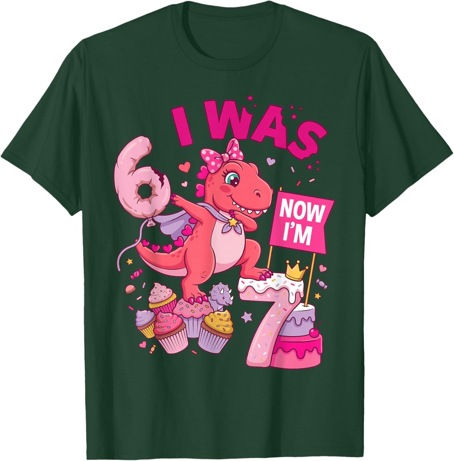 I was 6 Now I'm 7 T-Rex Girl 6 7 Birthday T-Shirt - T-Shirt | Forest