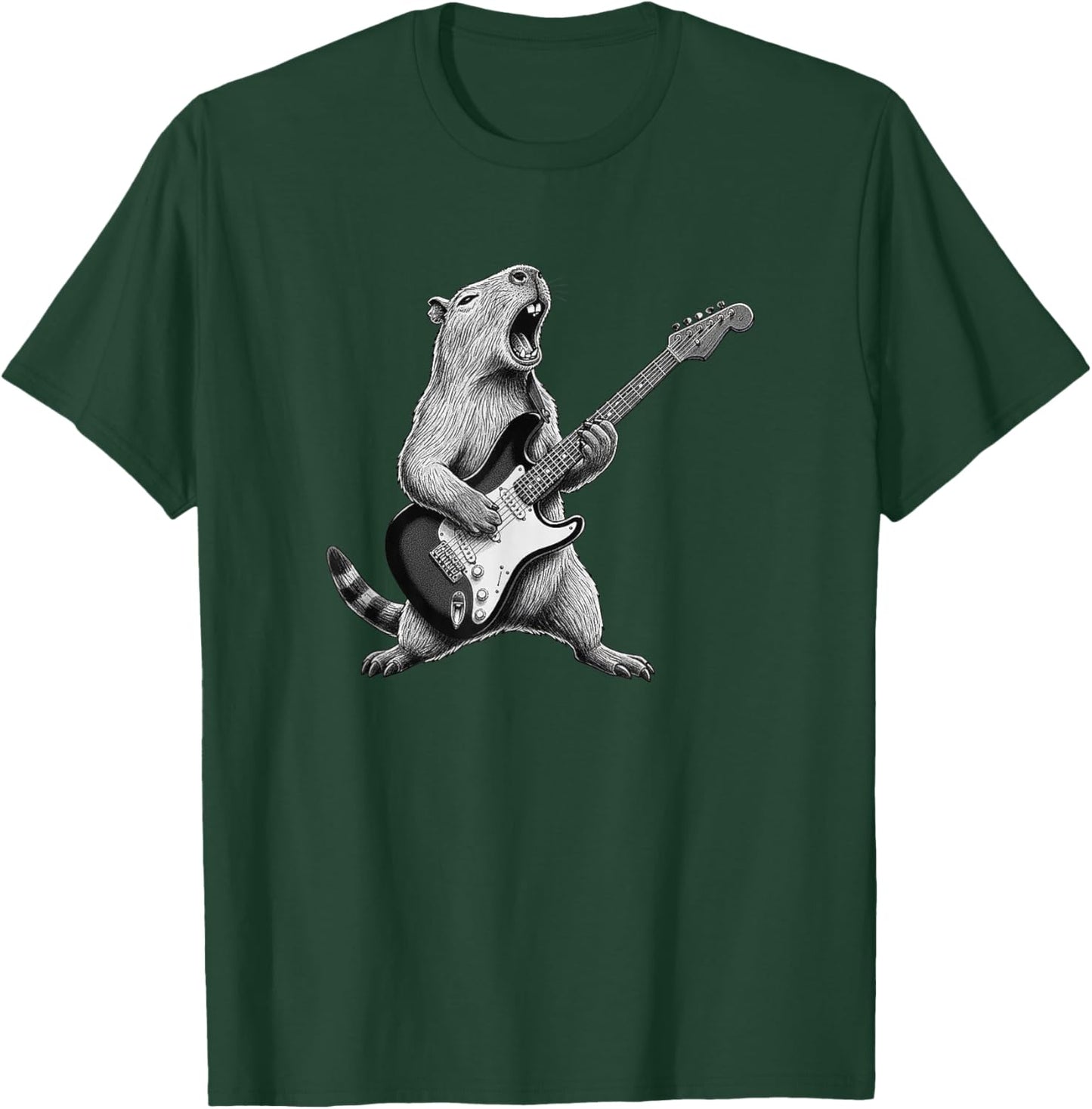 Funny Capybara Playing Guitar Rock and Roll Men Women Kids T-Shirt - T-Shirt | Forest
