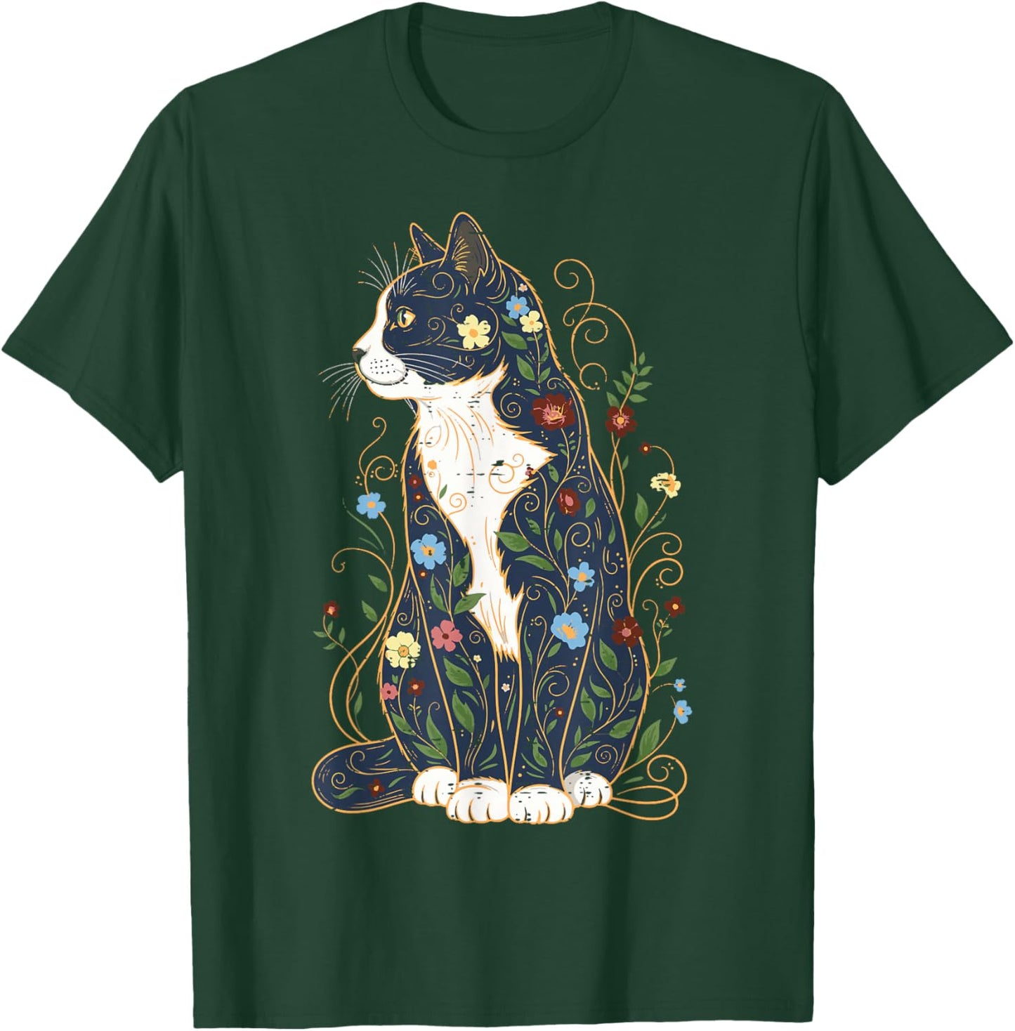 Cat Sitting Ornamental Flowers Kitten Floral Women Girls Kid T-Shirt - T-Shirt | Forest