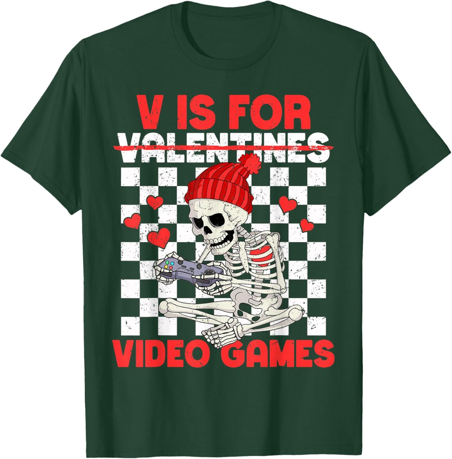 V is for Video Games Funny Boys Valentines Skeleton Gamer T-Shirt - T-Shirt | Forest