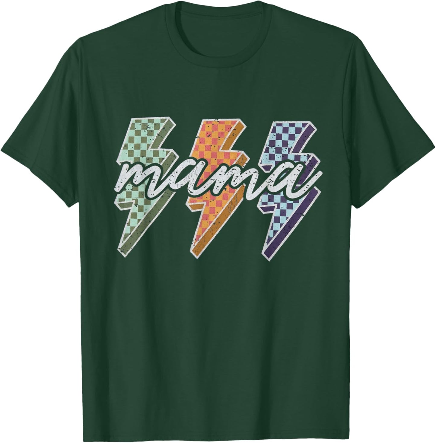 Mama Retro Checkered Lightning Bolt Groovy 70s Art T-Shirt - T-Shirt | Forest