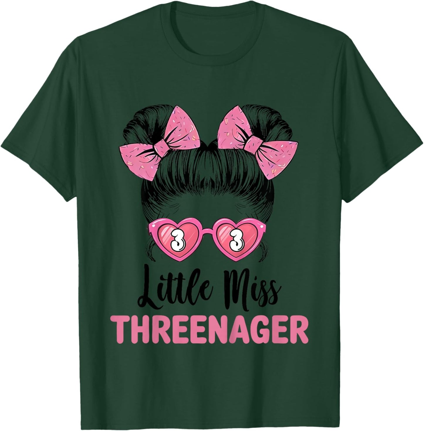 Little Miss Threenager 3rd Birthday 3 Messy Bun Girls Kids T-Shirt - T-Shirt | Forest