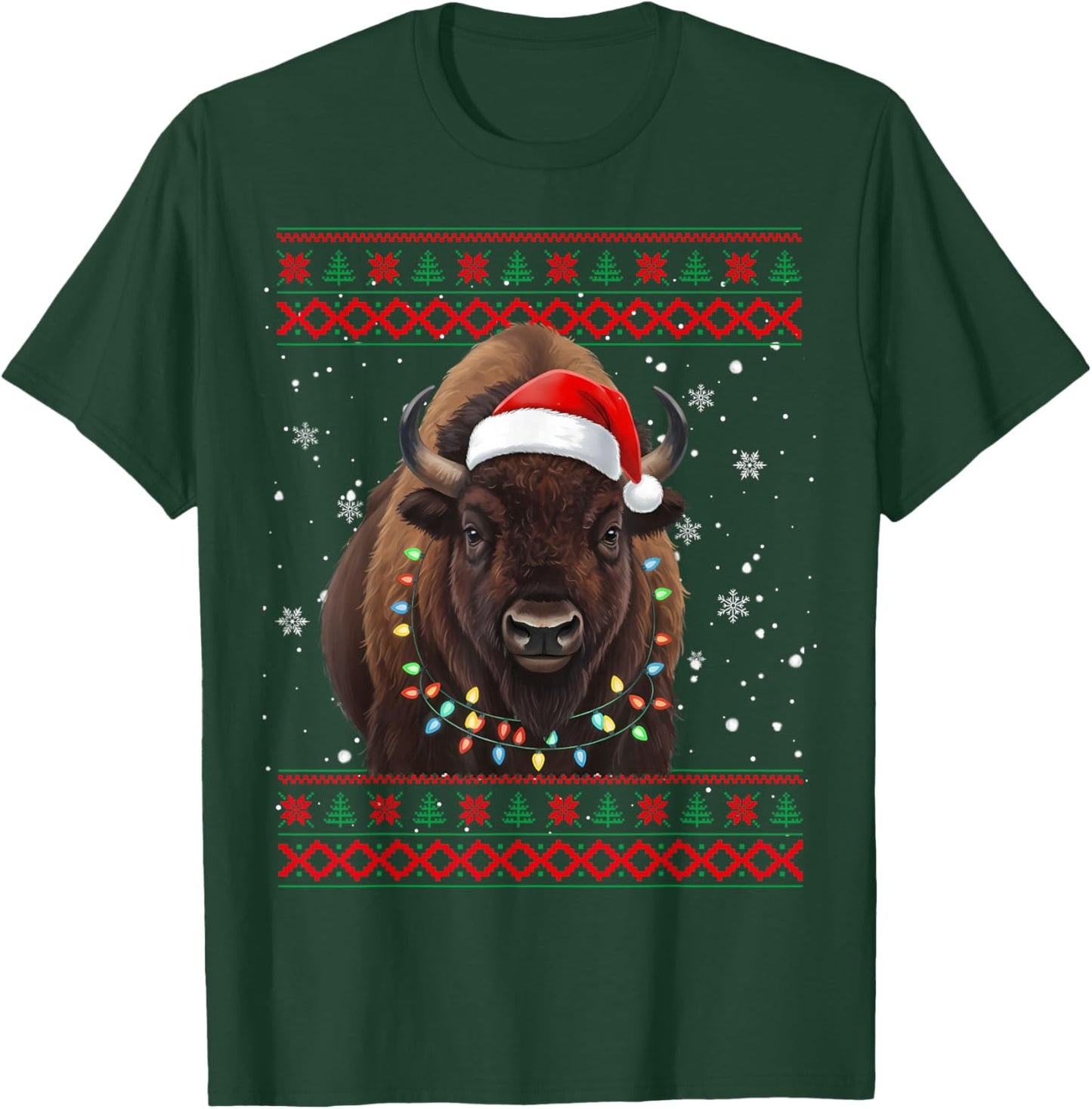 Bison Christmas Bison Xmas Tree Lights Family Matching T-Shirt - T-Shirt | Forest