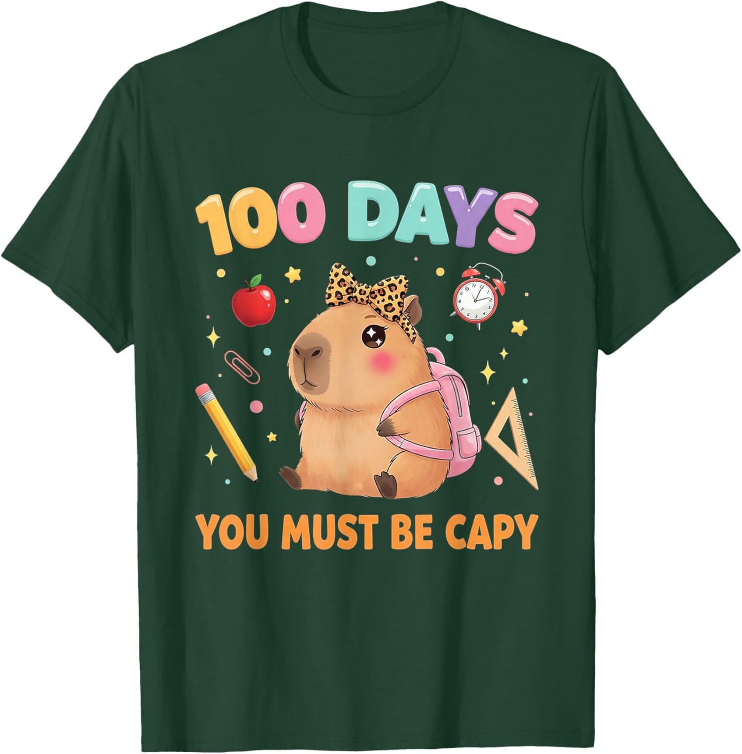 Cute 100 Days of School Capybara with Leopard Bow Teacher T-Shirt - T-Shirt | Forest