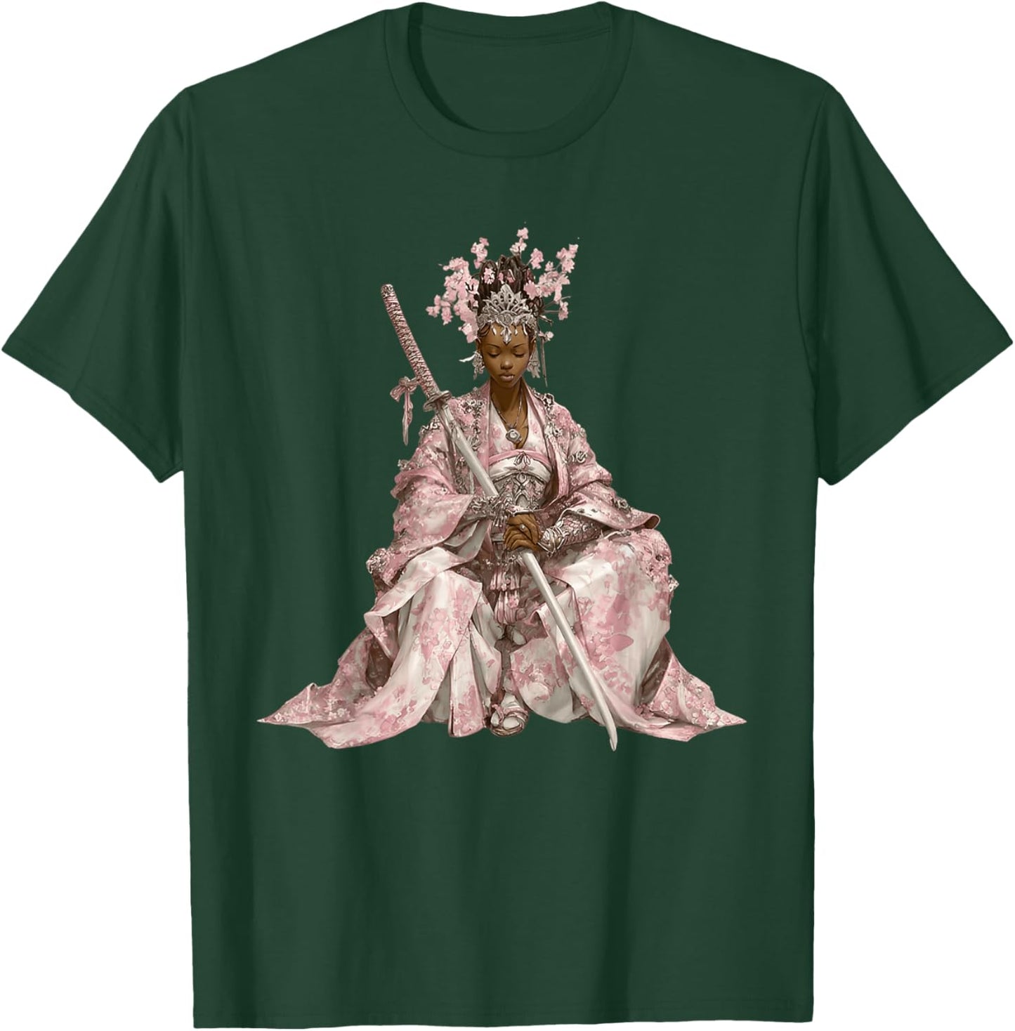 African Cherry Blossom Samurai Queen with Pink Kimono T-Shirt - T-Shirt | Forest
