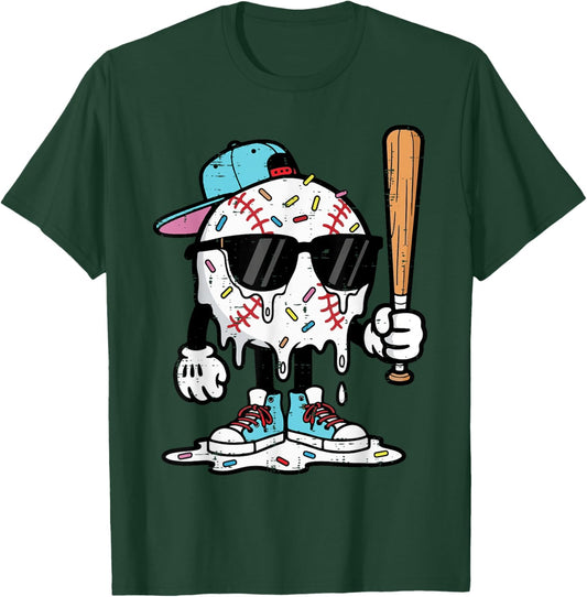 Baseball Ice Cream Drip Funny Sports Boys Kids Youth Men T-Shirt - T-Shirt | Forest