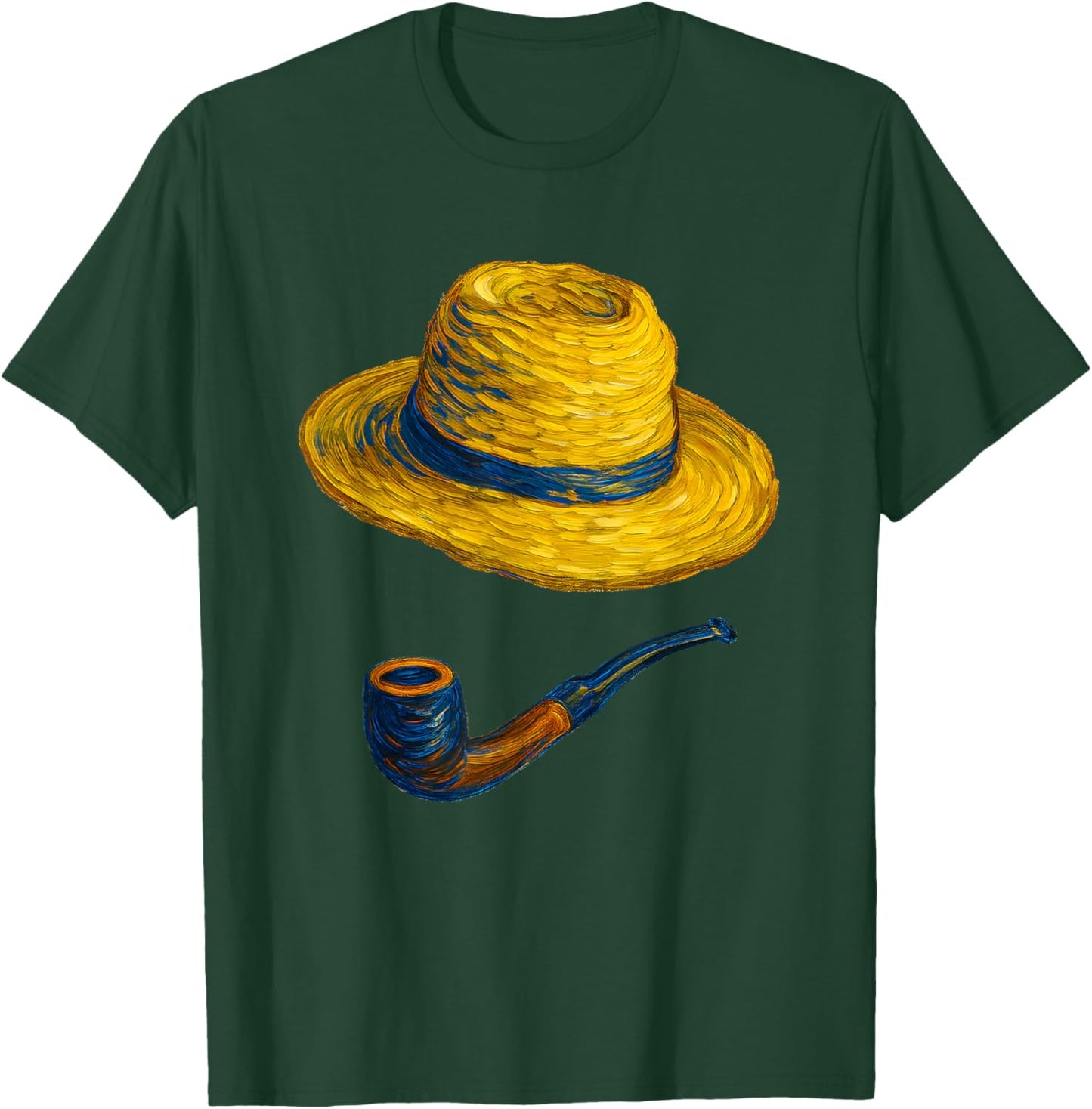 Straw Hat and Blue Pipe Van Gogh Style Art Painting T-Shirt - T-Shirt | Forest