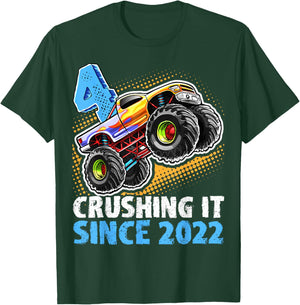 Birthday Monster Truck 4 Year Old Boys 4th Party Born 2022 T-Shirt - T-Shirt | Forest