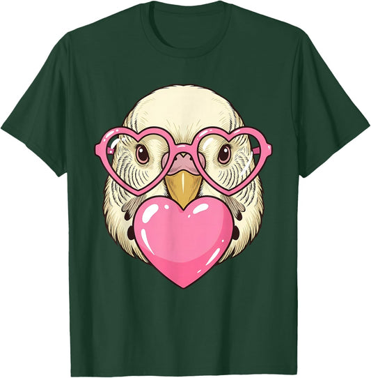 Cute Parakeet Blowing Pink Valentine Heart Bubble Gum T-Shirt - T-Shirt | Forest