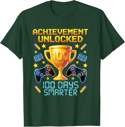 100 Days Smarter Gaming Achievement Unlocked Gamer Aura T-Shirt - T-Shirt | Forest