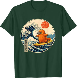 Surfing Platypus with Great Wave and Sunset Design T-Shirt - T-Shirt | Forest