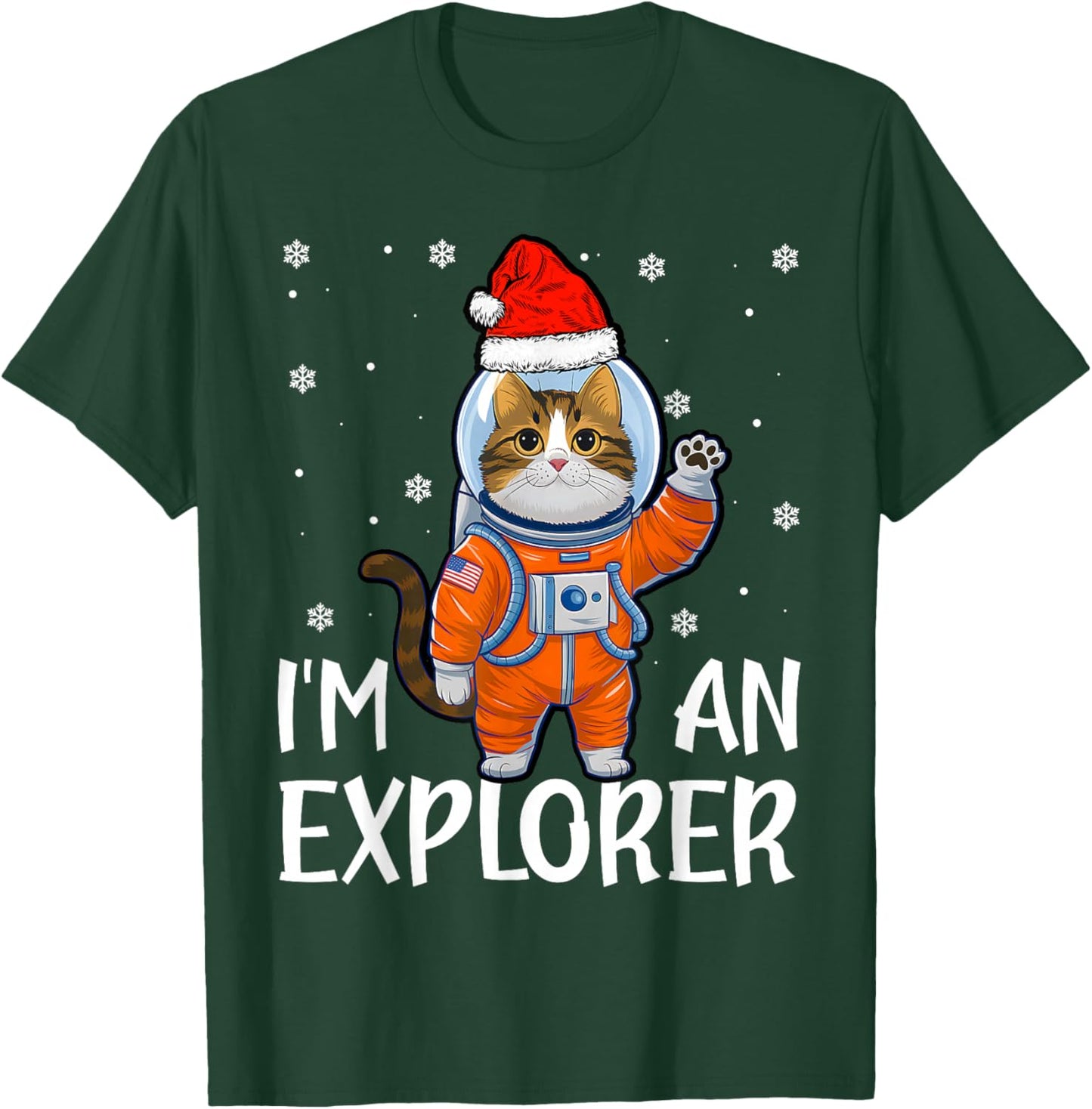 Funny Christmas Astronaut Cat Santa Hat Space Snowflakes T-Shirt - T-Shirt | Forest