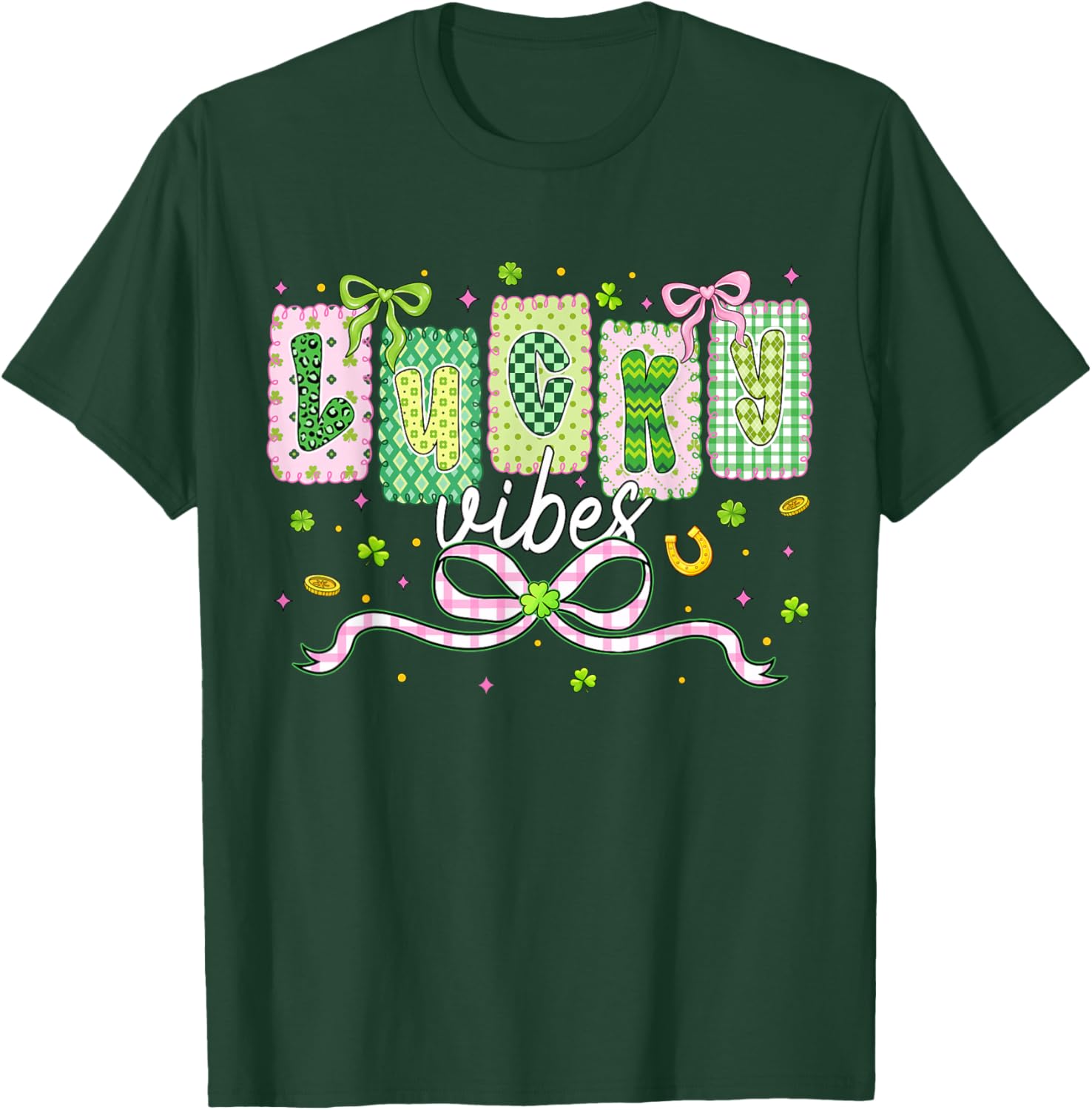 Preppy St Patricks Day Lucky Vibes Shamrock Women Girls Kids T-Shirt - T-Shirt | Forest