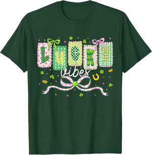 Preppy St Patricks Day Lucky Vibes Shamrock Women Girls Kids T-Shirt - T-Shirt | Forest