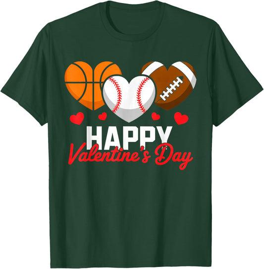 Happy Valentine’s Day Basketball Football Baseball Hearts T-Shirt - T-Shirt | Forest