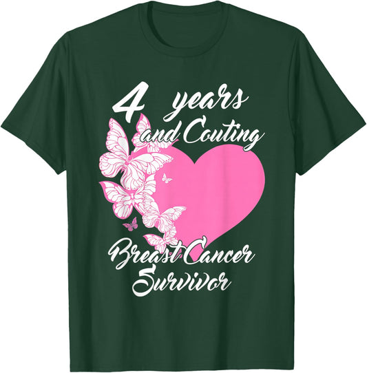 Survivor 4 Years Cancer Free Breast Cancer Butterfly Heart T-Shirt - T-Shirt | Forest