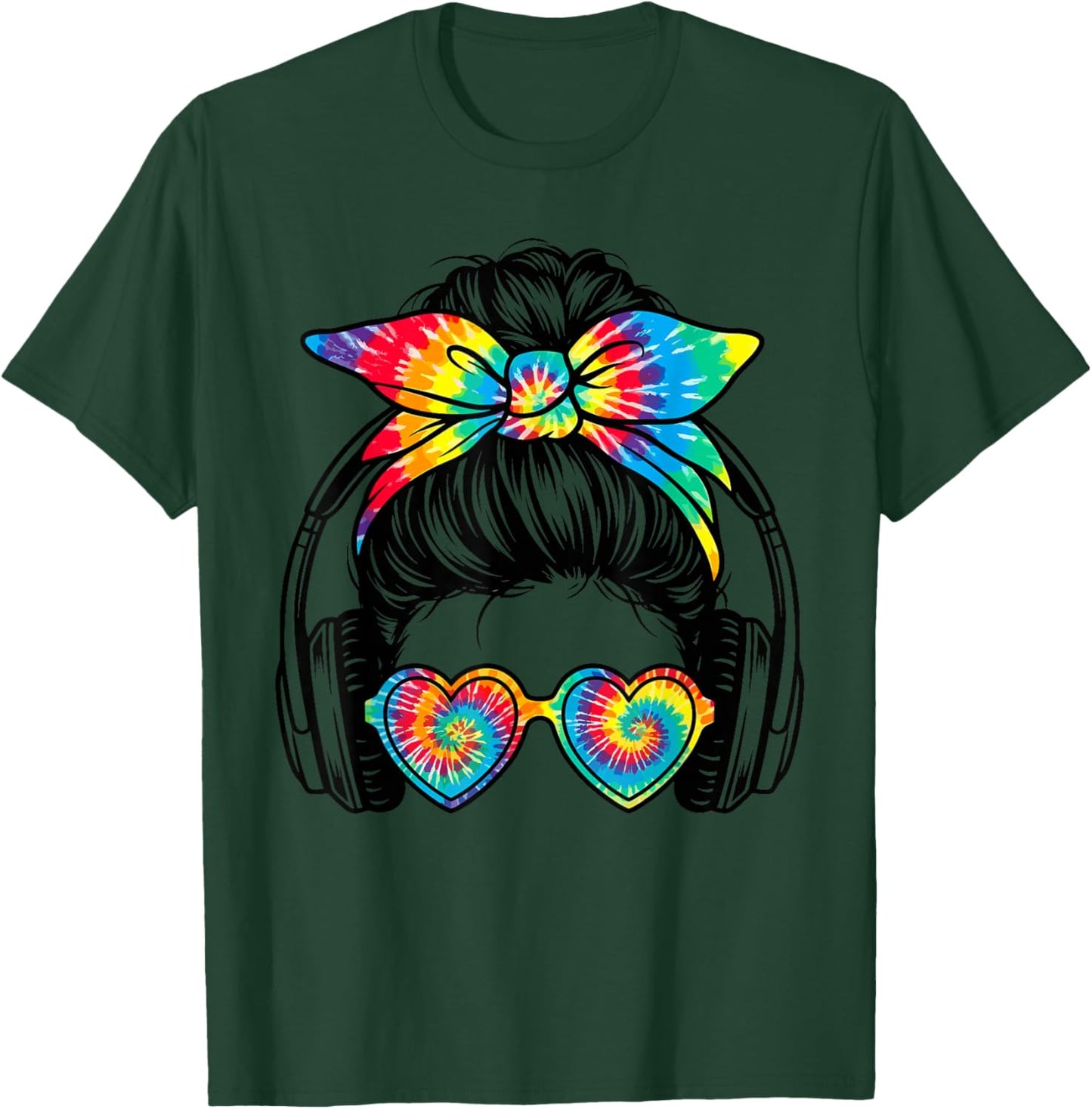 Audiophile Tie Dye Messy Bun Girl with Headphones Music T-Shirt - T-Shirt | Forest