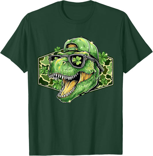 Camo T-rex Dinosaur Shamrock St Patricks Day Men Boys Kids T-Shirt - T-Shirt | Forest