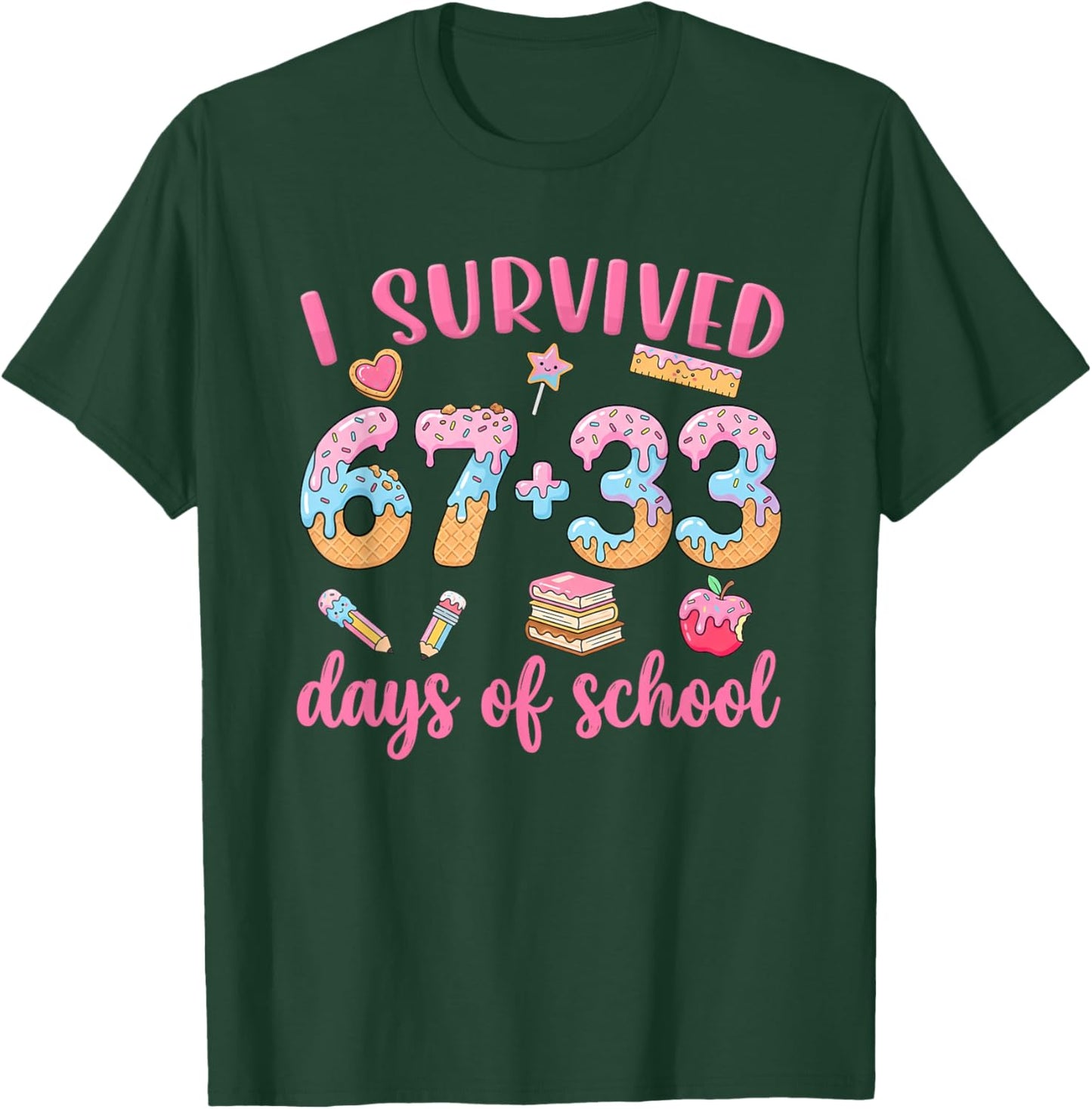 I Survived 67 33 Days of School Ice-Cream Drip 100th Day Kid T-Shirt - T-Shirt | Forest