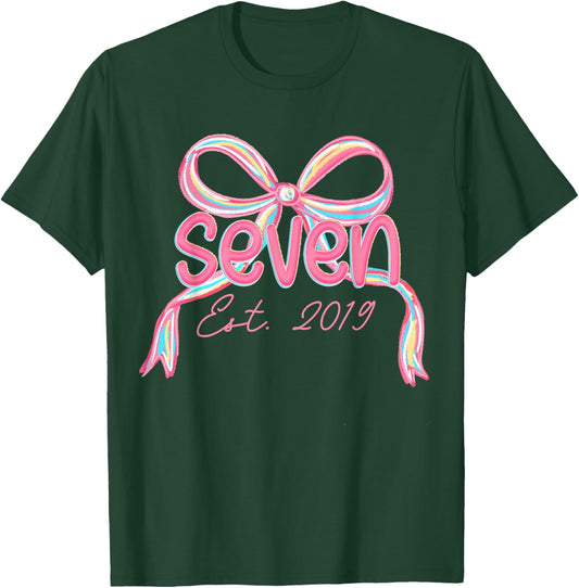 7th Birthday Girl Pink Coquette Bow 7 Year Old Decorations T-Shirt - T-Shirt | Forest