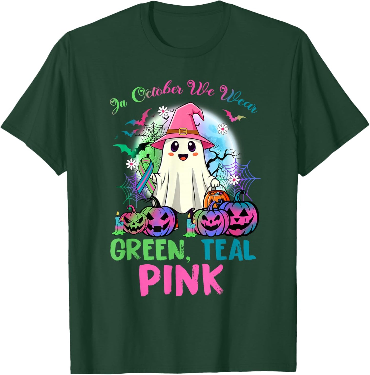 in October We Wear Teal Pink Halloween Metastatic Breast Can T-Shirt - T-Shirt | Forest
