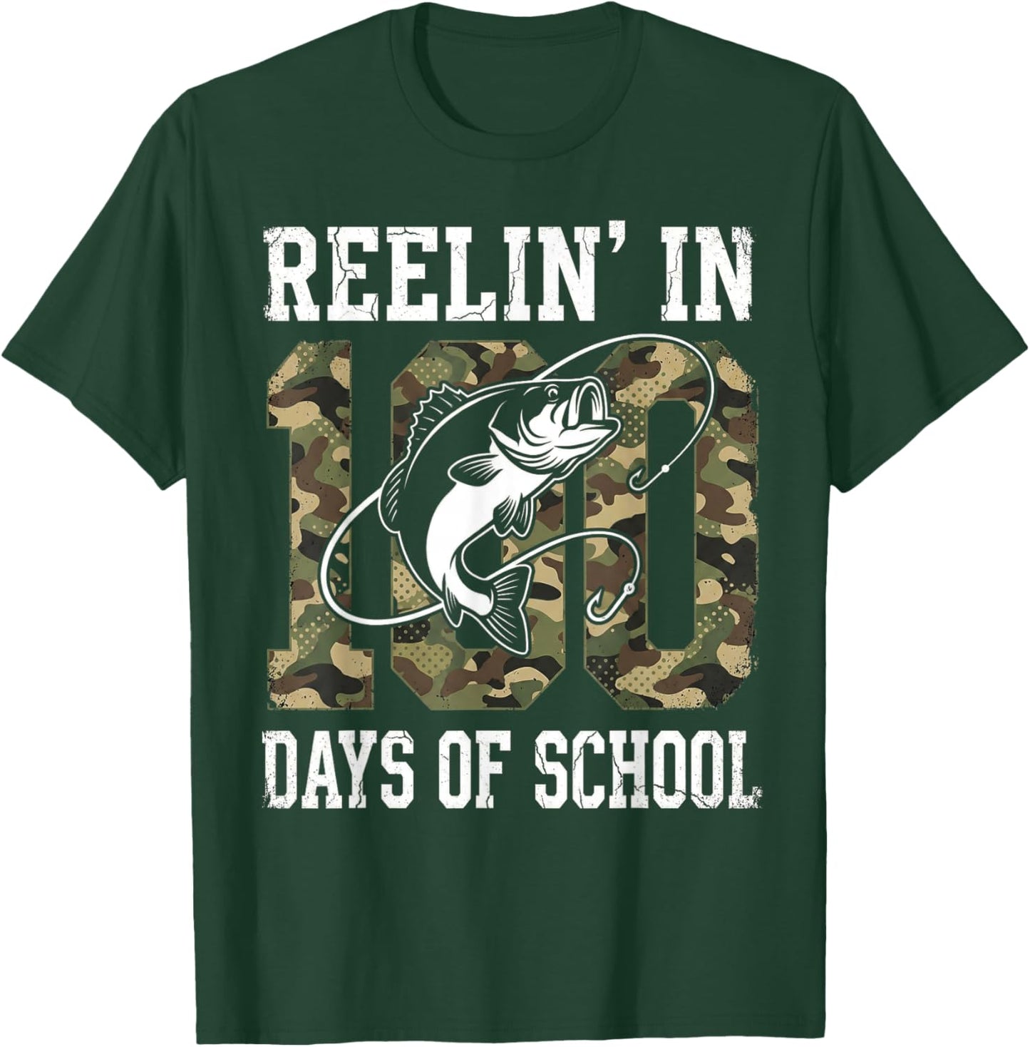 Reelin' in 100 Days of School Bass Camo Fishing Lover Boys T-Shirt - T-Shirt | Forest