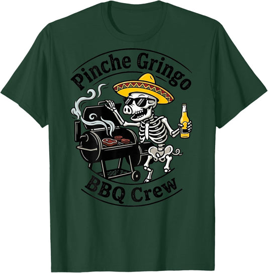 Pinche Gringo BBQ Crew Skeleton Pig Grilling Beer (on Back) T-Shirt - T-Shirt | Forest
