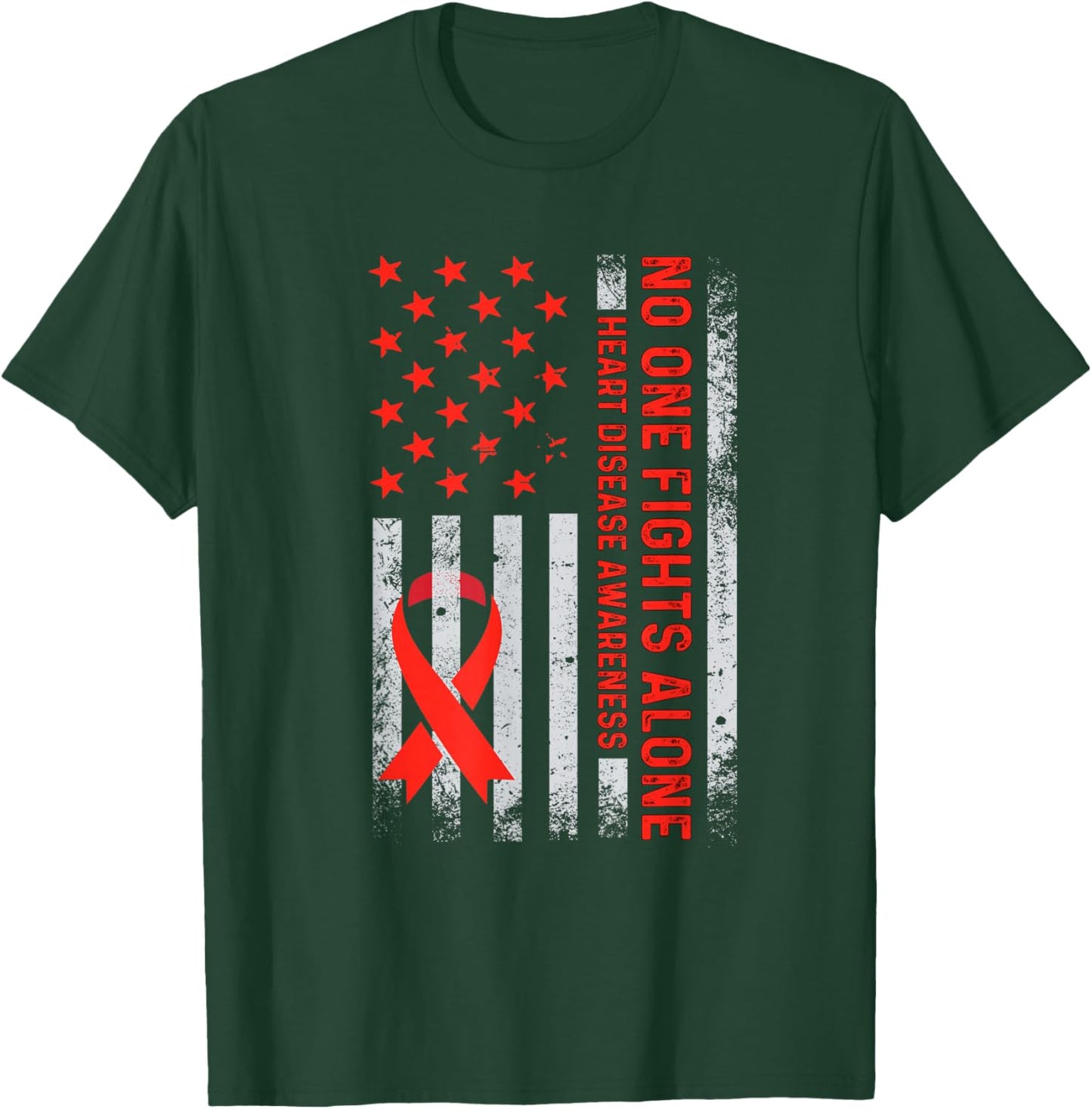 USA American Flag No Fighting Alone Heart Disease Awareness T-Shirt - T-Shirt | Forest