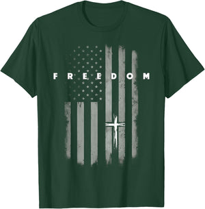 Grunge American Flag and Cross Faith Family Freedom T-Shirt - T-Shirt | Forest