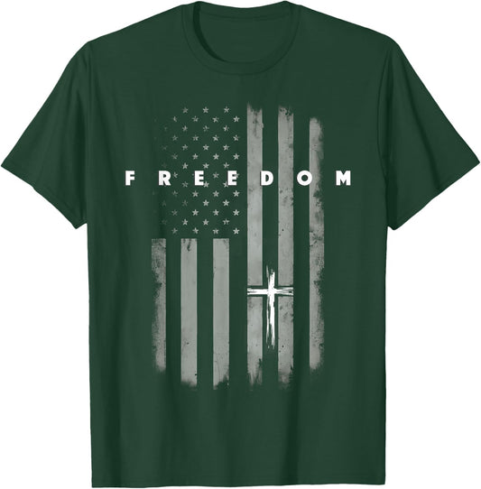 Grunge American Flag and Cross Faith Family Freedom T-Shirt - T-Shirt | Forest