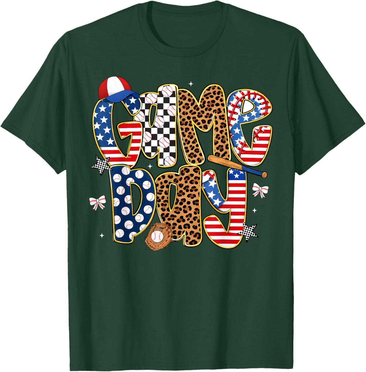 Checkered Leopard Game Day Baseball Men Women Kids T-Shirt - T-Shirt | Forest