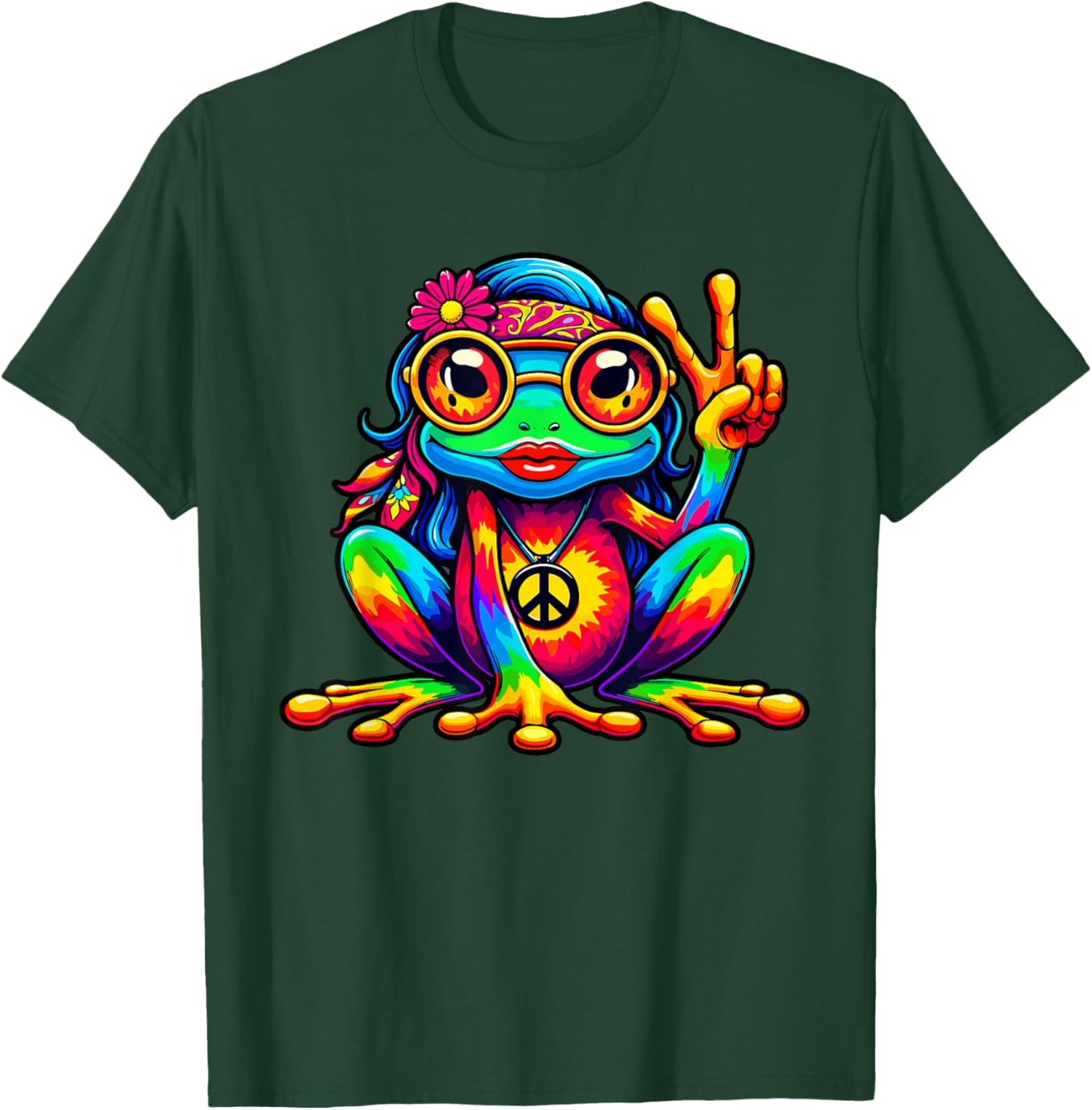 Tie-Dye Hippie Frog, Peace Sign, Girls, Women, 70s Costume T-Shirt - T-Shirt | Forest