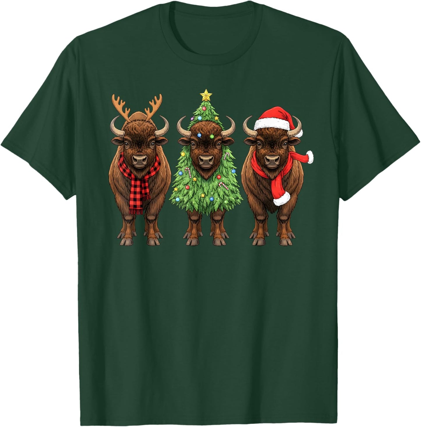 Retro Christmas American Bison Buffalo Santa Reindeer T-Shirt - T-Shirt | Forest