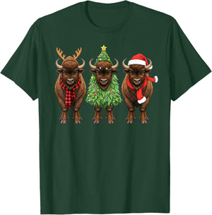 Retro Christmas American Bison Buffalo Santa Reindeer T-Shirt - T-Shirt | Forest