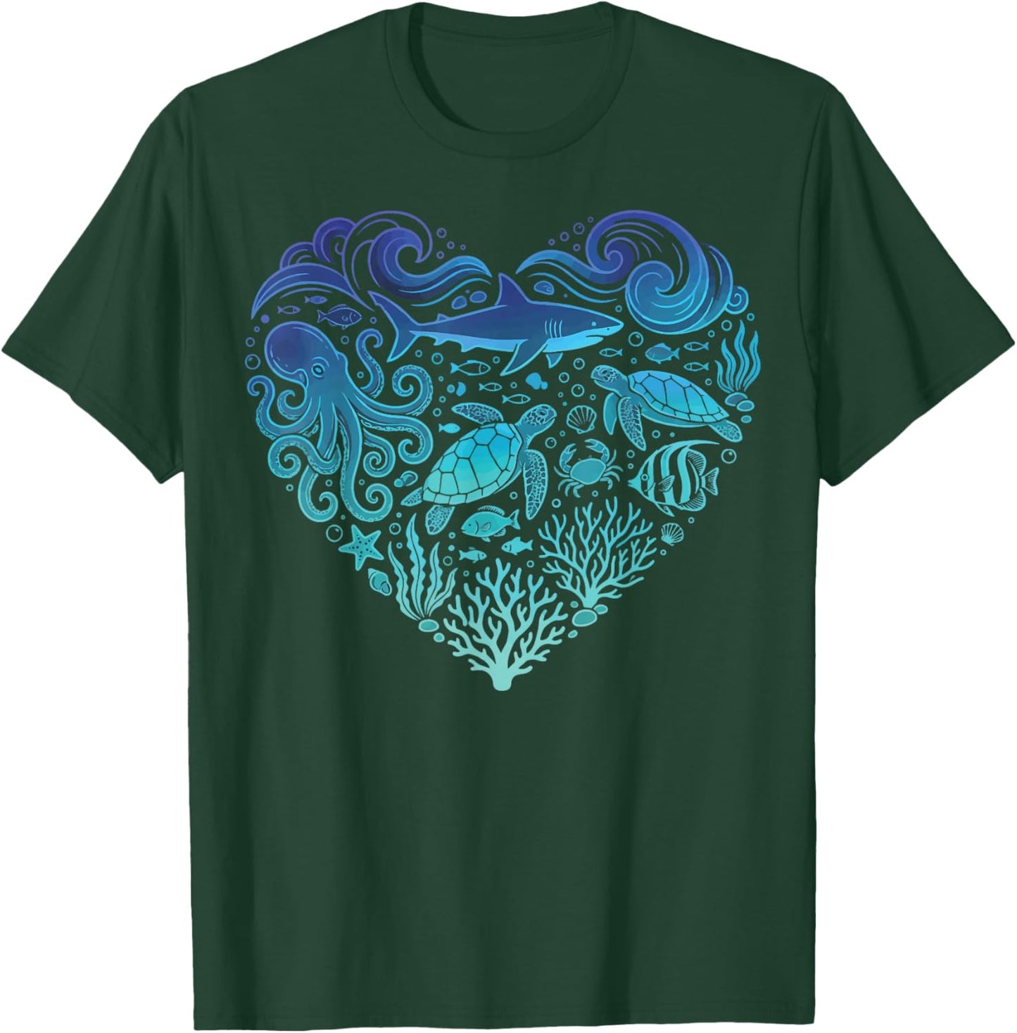 Underwater Sea Animals Heart Shark Fisher T-Shirt - T-Shirt | Forest