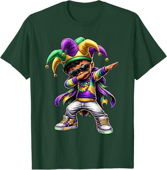 Boys Mardi Gras Dabbing Boy Black Jester Beads Toddler Kids T-Shirt - T-Shirt | Forest