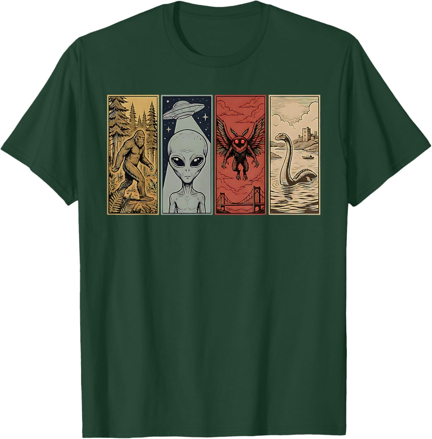 Retro Monster Loch Ness Mothman Bigfoot Alien Funny Cryptid T-Shirt - T-Shirt | Forest