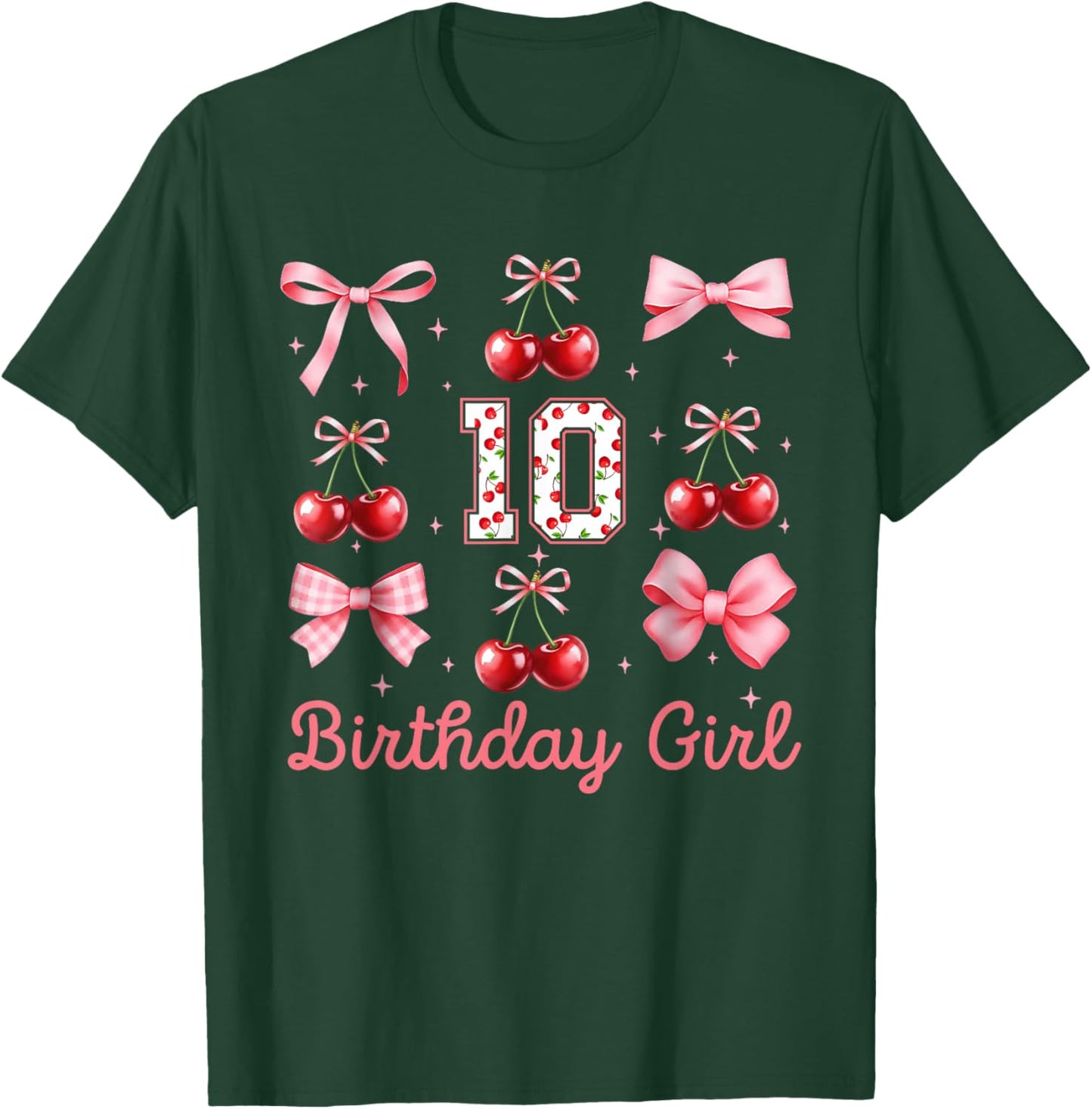 10th Birthday Girl Cherry Coquette Bow 10 Year Old Girls T-Shirt - T-Shirt | Forest