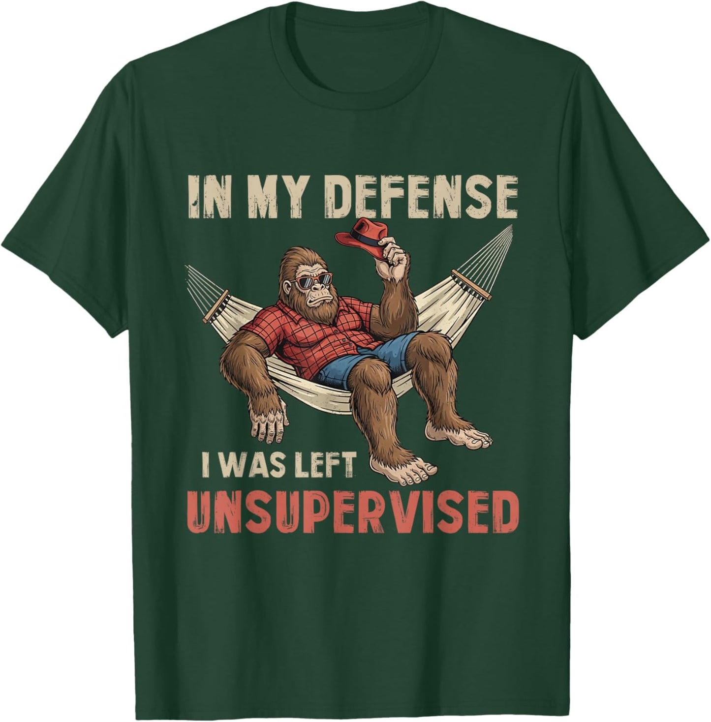in My Defend I was Left Unsupervised Bigfoot Sasquatch Humor T-Shirt - T-Shirt | Forest