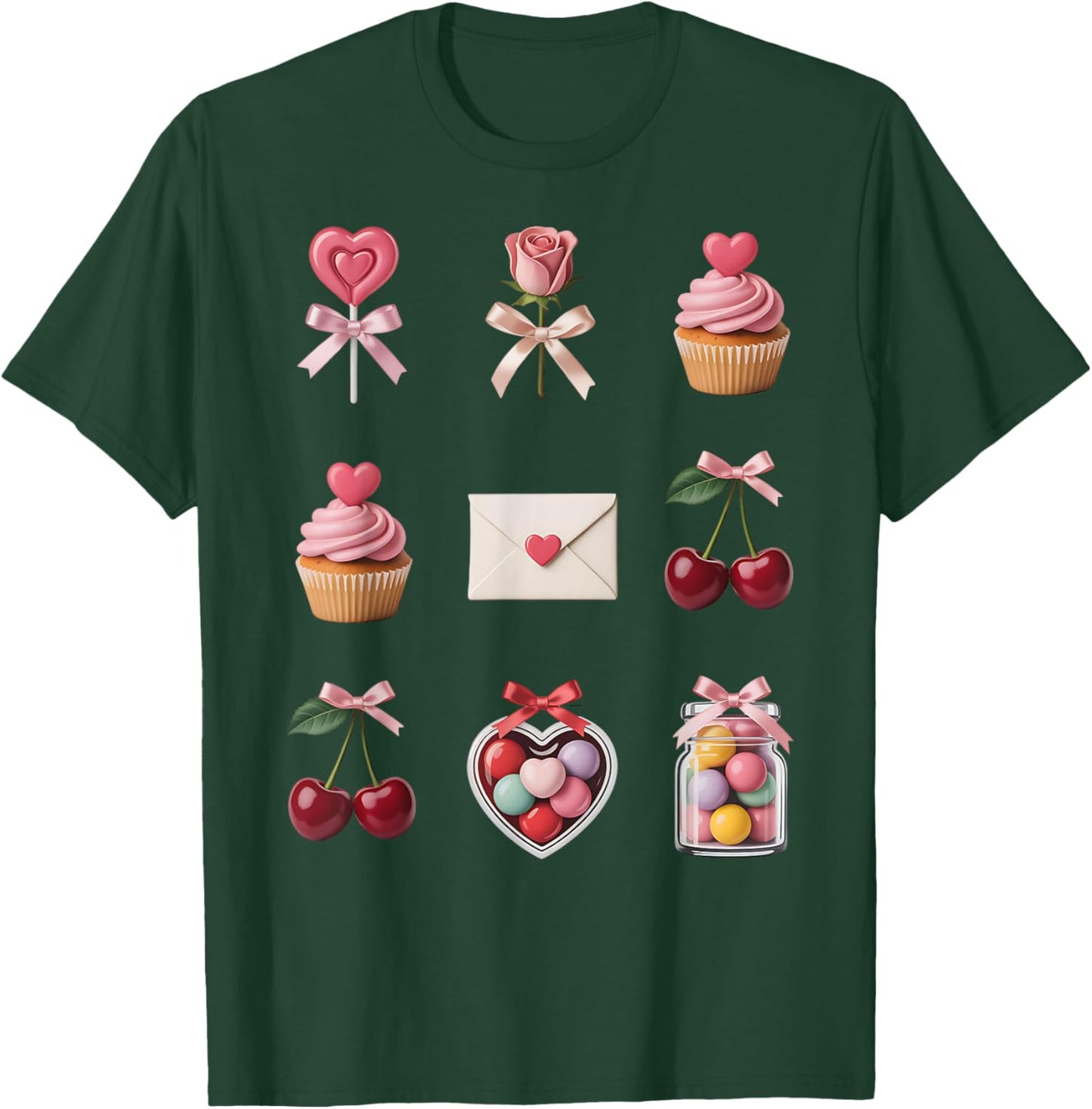 Valentine Coquette Bow Heart Chocolate Strawberry Cherries T-Shirt - T-Shirt | Forest