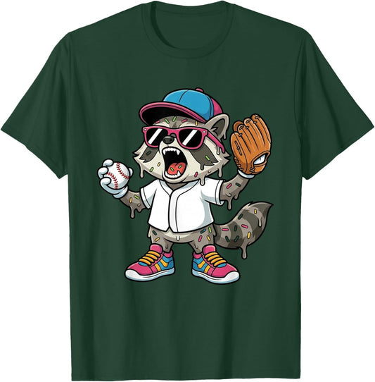 Funny Trash Panda Raccoon Baseball Drip Mascot Kids T-Shirt - T-Shirt | Forest