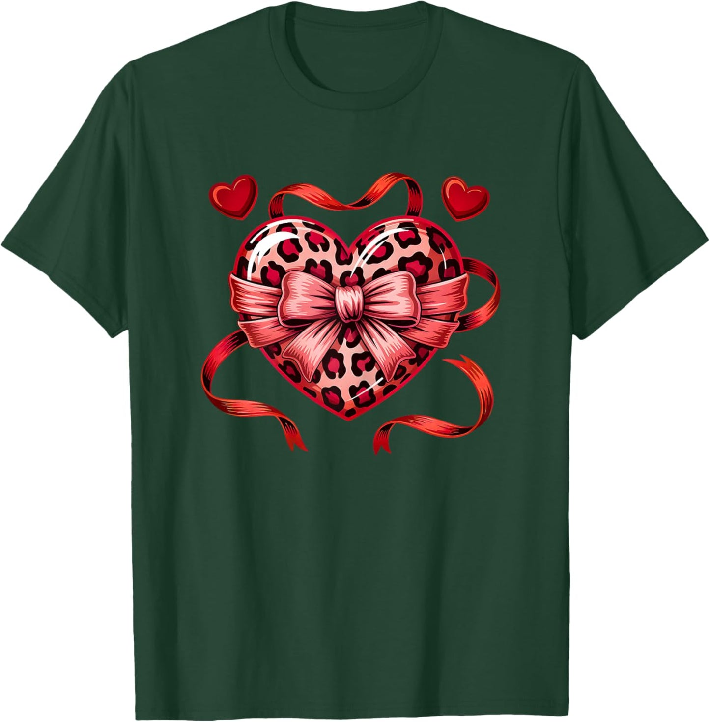 Coquette Bow Leopard Heart Love Valentines Day T-Shirt - T-Shirt | Forest