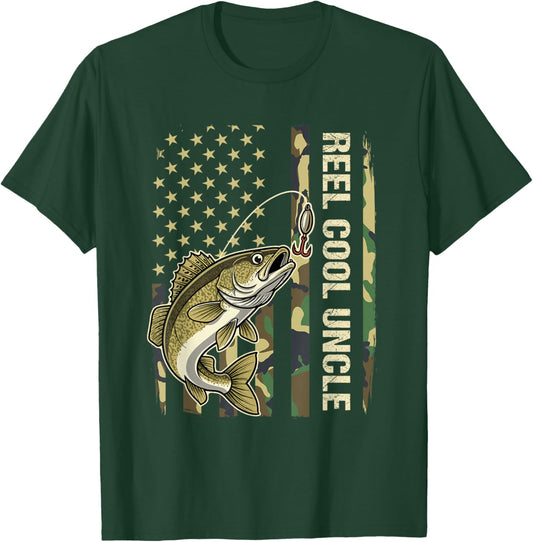 Reel Cool Uncle Walleye Fishing Camo American Flag T-Shirt - T-Shirt | Forest