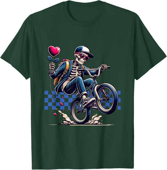 Valentine Boy Skeleton Riding a BMX Bike - Valentine Party T-Shirt - T-Shirt | Forest