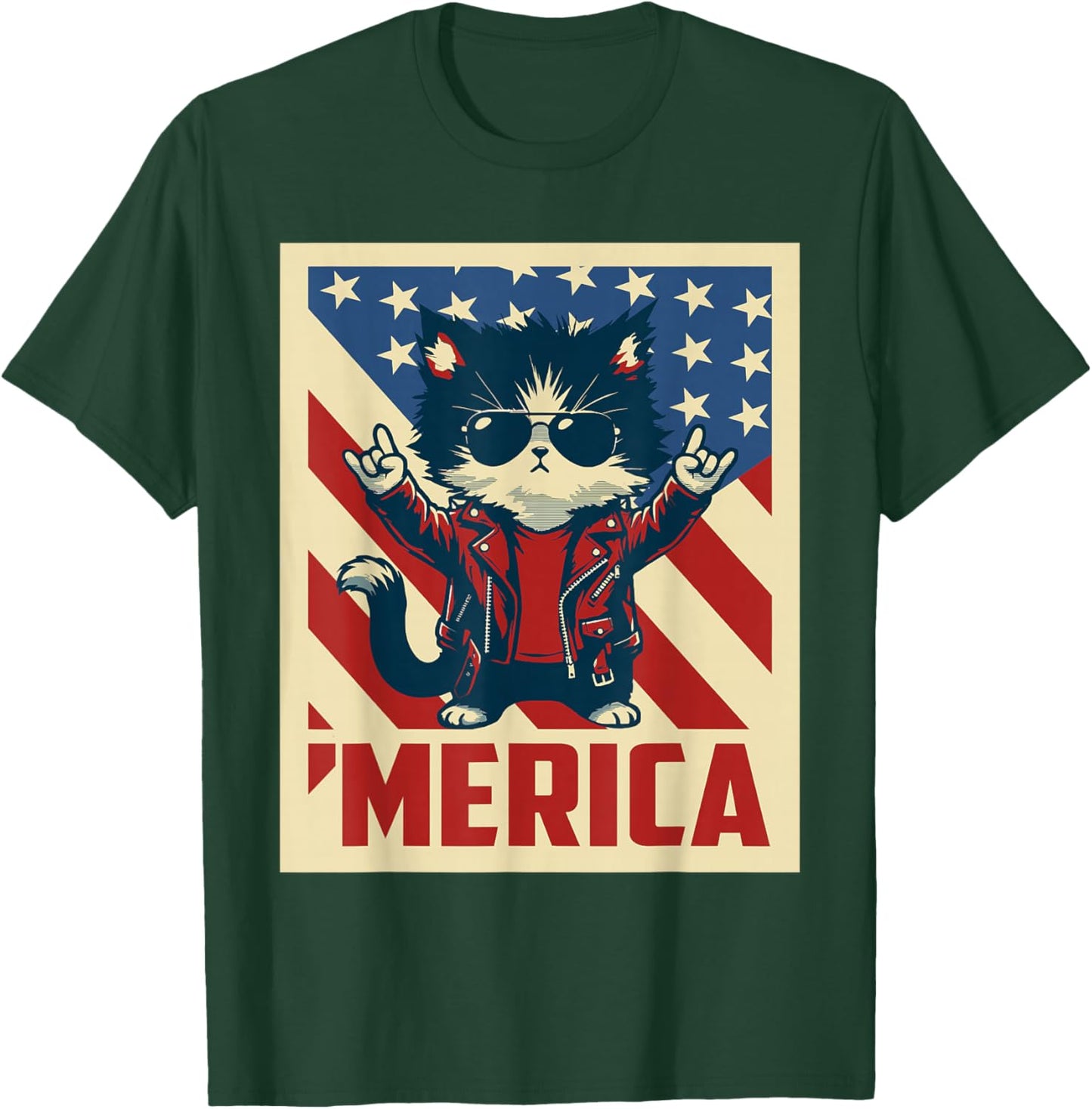 USA Flag Cat 4th of July Men Women Kids Funny Patriotic T-Shirt - T-Shirt | Forest