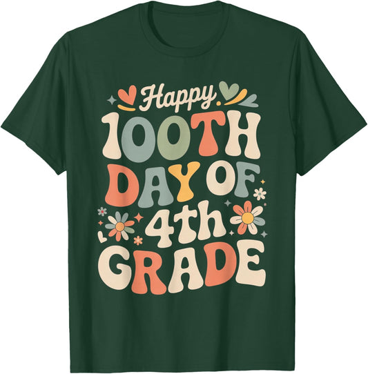 Happy 100th Day of 4th Grade Hearts Flowers Teacher Kids T-Shirt - T-Shirt | Forest