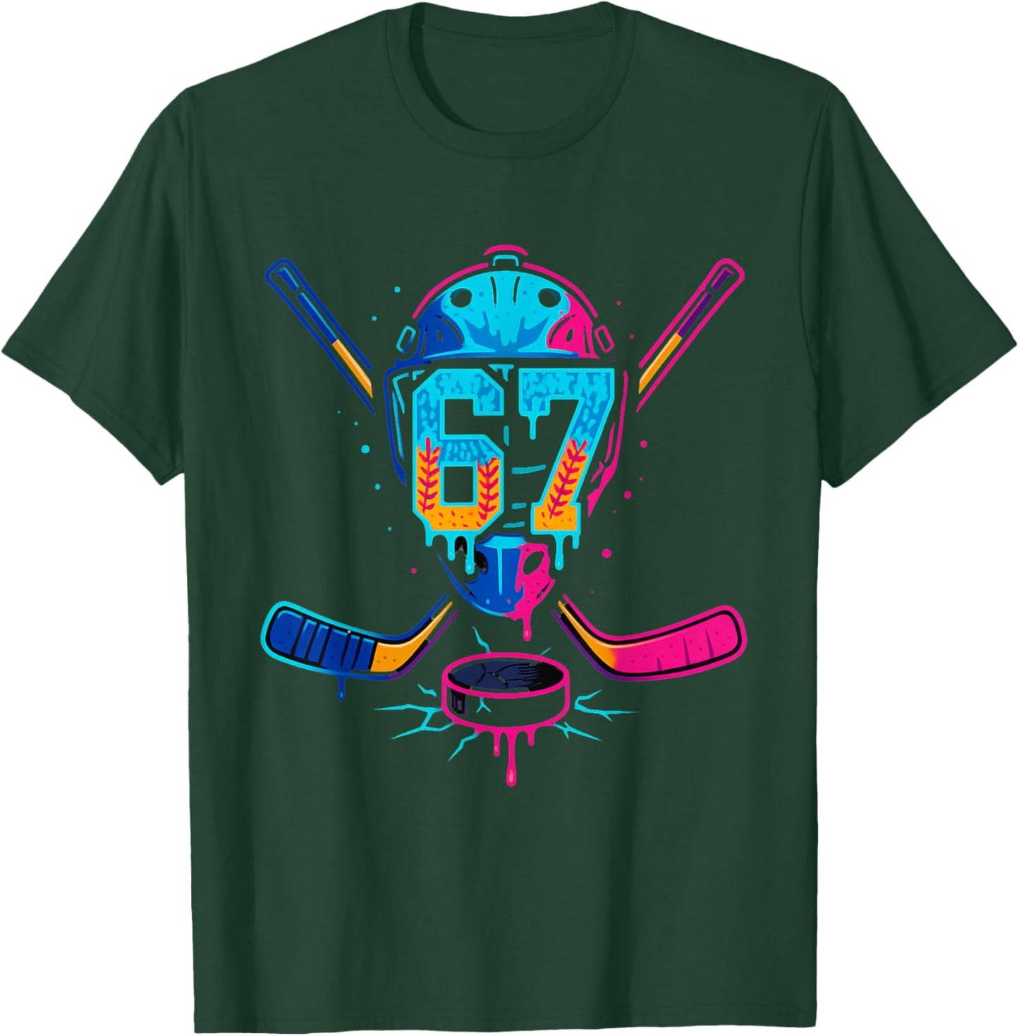 Hockey Ice Cream Drip Number 67 Player 67th Birthday T-Shirt - T-Shirt | Forest