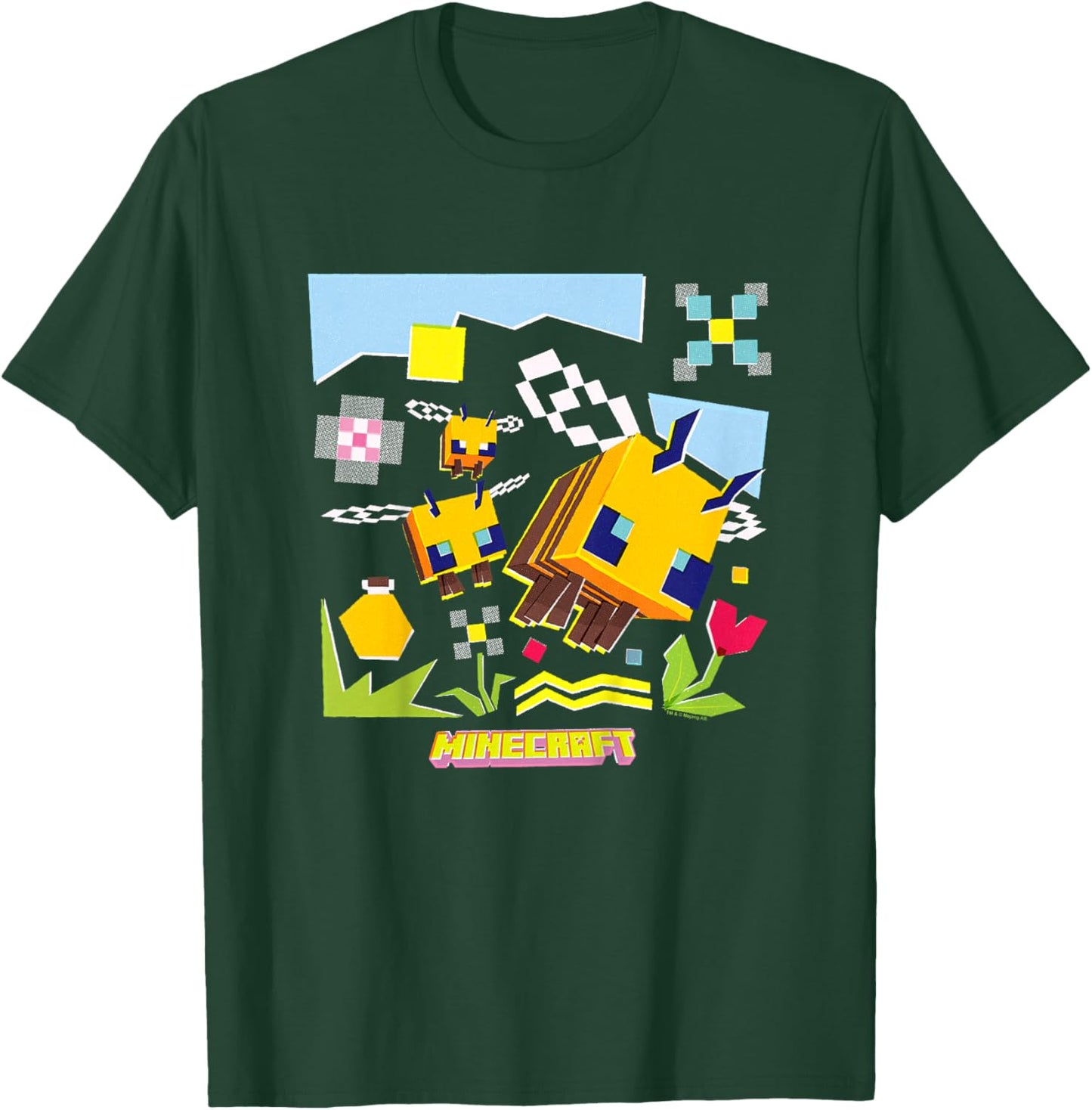 Minecraft Logo Flowers and Bees Flying in The Sky T-Shirt - T-Shirt | Forest